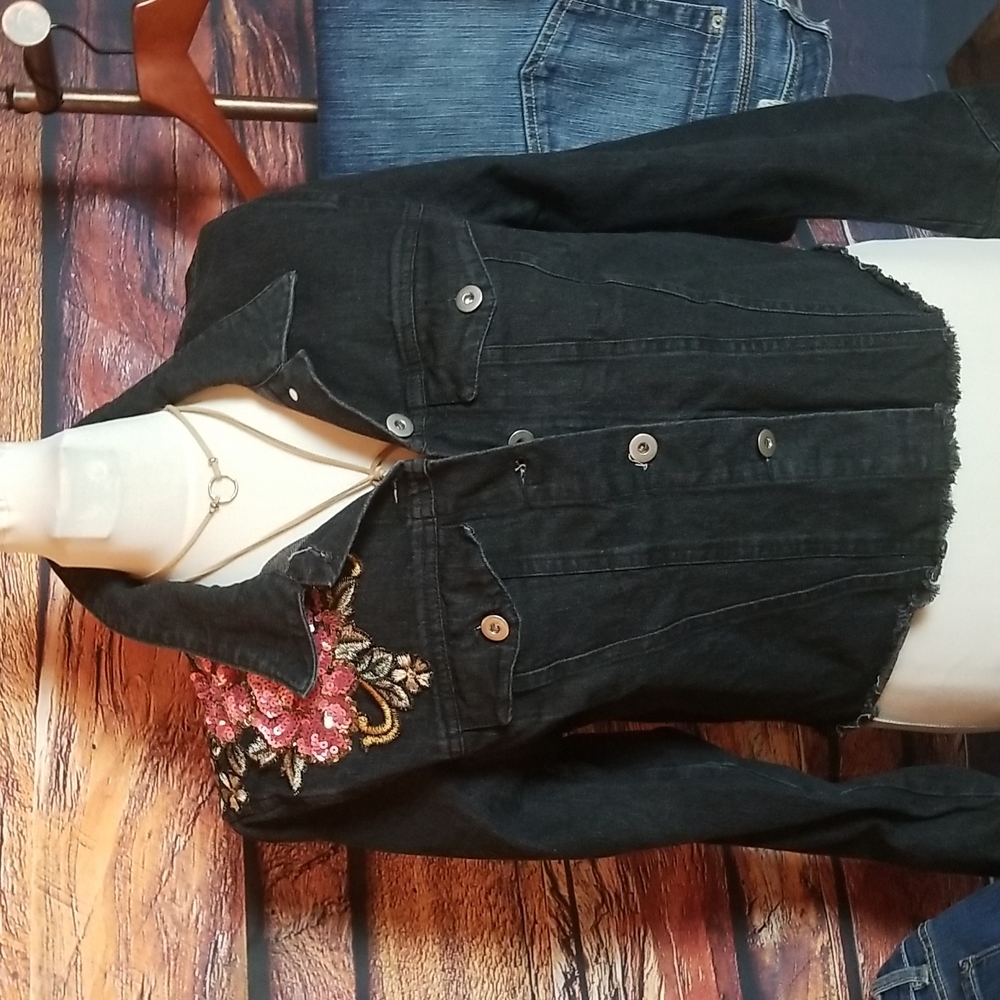 Flying Tomato Black Denim Jacket with Pink Floral Embroidery